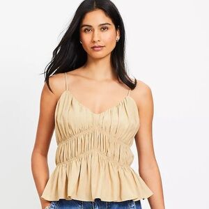 NWT Loft Smocked V-Neck Peplum Cami Soft Straw Tan Beige Tank Top Top XS New